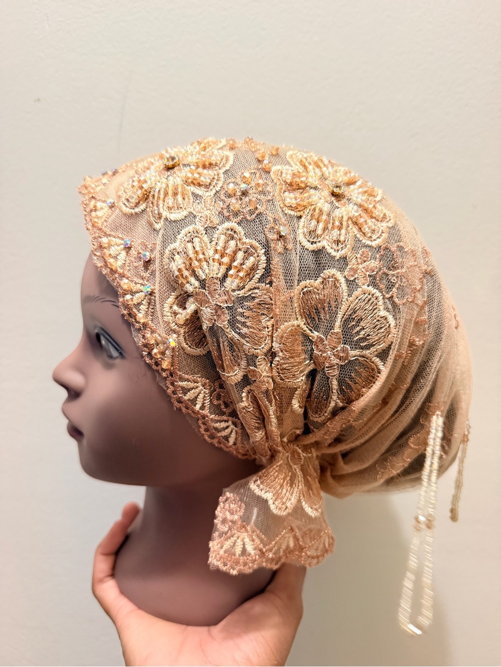 Embroidered Lace Headscarf - Champagne Gold